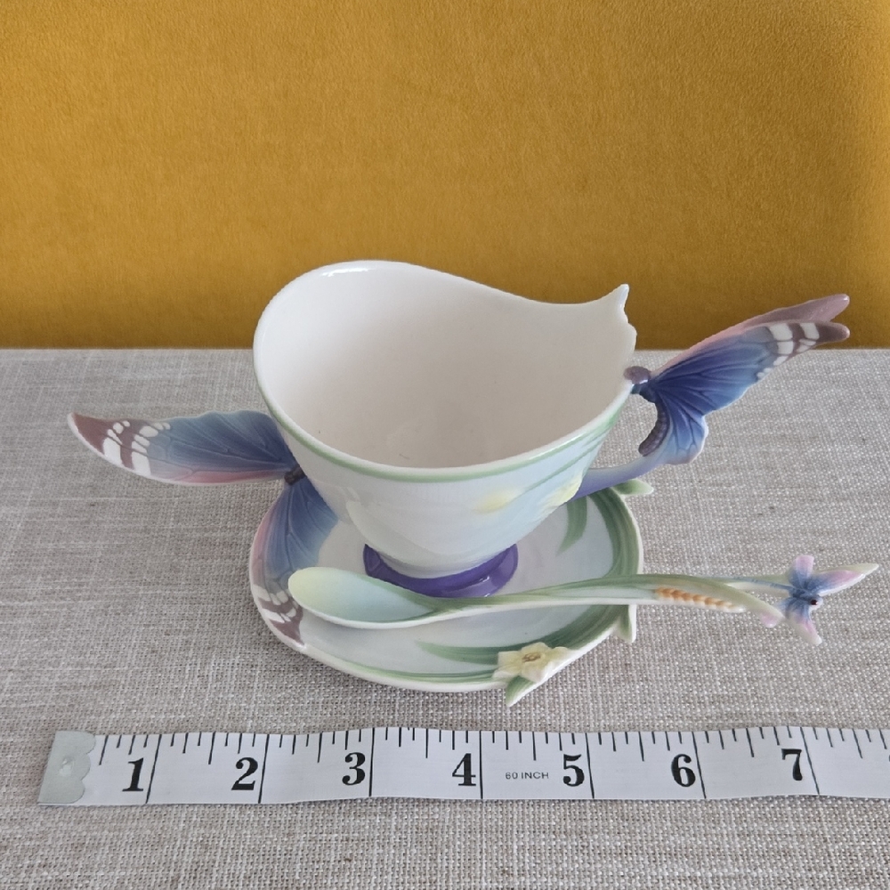 Franz Butterfly Blue White Teacup and Saucer Set Made In France